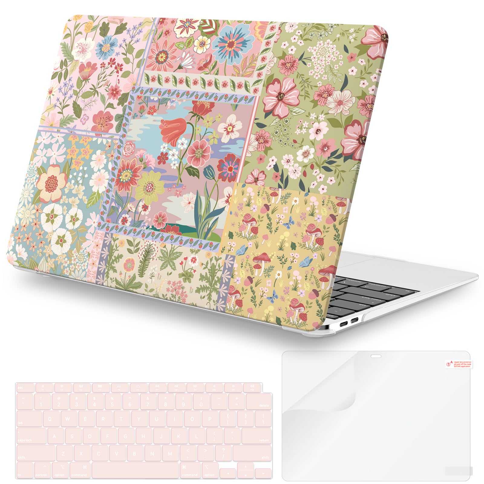 Photo 1 of iCasso for MacBook Air 13 inch Case 2020 2019 2018 Release A2337 M1 A2179 A1932, Flower Hard Shell Protective Case for MacBook Air 13.3 inch + Keyboard Cover + Screen Film, Pink