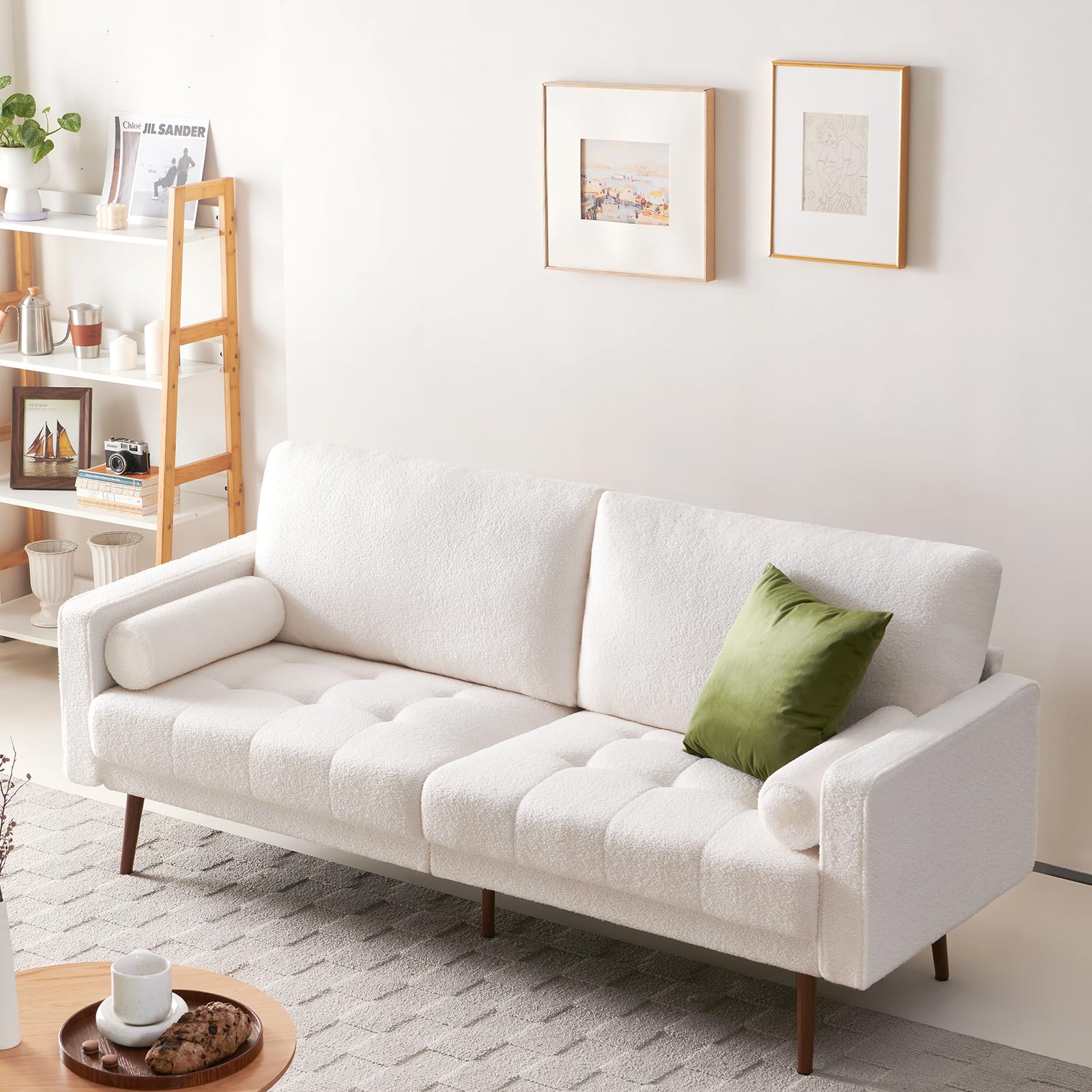 Photo 1 of **8FOR PARTS***Vonanda Velvet Boucle Sofa Couch, Mid-Century 73 Inch 3 Seater Couch with Hand-Stitched Comfy Cushion and Bolster Pillows for Living Room, Elegant Boucle White     
            
