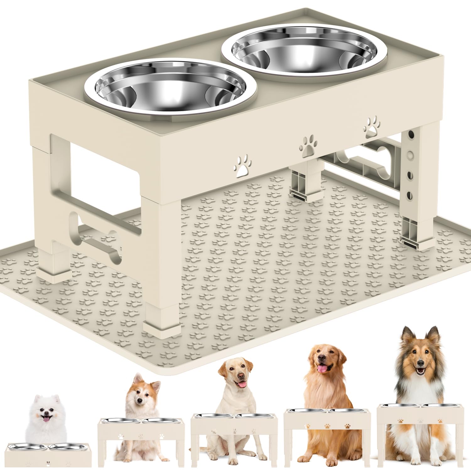 Photo 1 of LAKIPETN Elevated Dog Bowls with Mat, Raised Dog Food Bowl Stand with 2 Stainless Steel Bowls, 5 Height Adjustable (3.1", 9", 10", 11", 12") Non-Slip Feeder Set for Medium and Large Dogs – Apricot