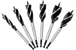 AIMLENTOOL 6Pcs Auger Drill Bit for Wood Set, 1/2", 5/8", 3/4", 7/8", 1" and 1-1/8" Size, 4 Flute Impact Wood Drill Bit with Hex Shank Quick Change for Hardwood and softwood, Plastic