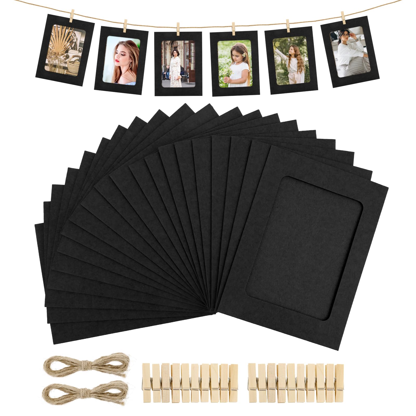 COMNICO 20Pcs Black Paper Photo Frame Wall Decor DIY Cardboard with 20 Wood Clips and 2 Jute Twine Photo Display Holders Banner Kit for Home School Office Wedding and Party Decoration