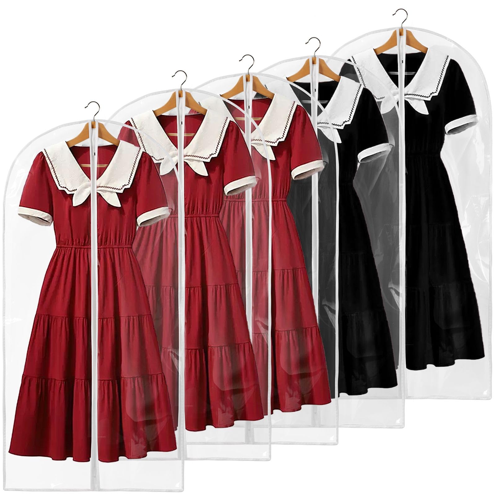 Perber 48" All Clear Garment Bags for Hanging Clothes, 5 Packs Suit Bags for Closet Storage, Plastic Waterproof Suit Cover Bags with Zipper for Coats, Jackets, Dresses (Set of 5)