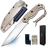 QIXENIO Tactical Survival Knife with Fire Starter – 10" VG-10 Steel Blade, G10 Handle & Kydex Sheath, Multi-Carry Belt Clip,