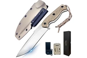 QIXENIO Tactical Survival Knife with Fire Starter – 10" VG-10 Steel Blade, G10 Handle & Kydex Sheath, Multi-Carry Belt Clip, 