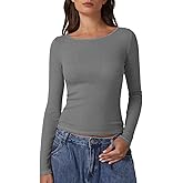 QINSEN Women's Long Sleeve T Shirts Crewneck Tight Fitted Rib Knit Y2k Casual Tee Tops