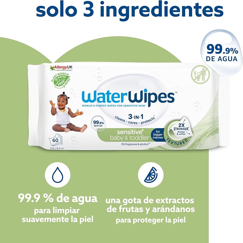 Toalhetes texturizados à base de plantas waterwipes para crianças e bebês, 99,9% à base de água, sem perfume para pele sensível, pacote de 12 x 60 toalhetes (720 no total)