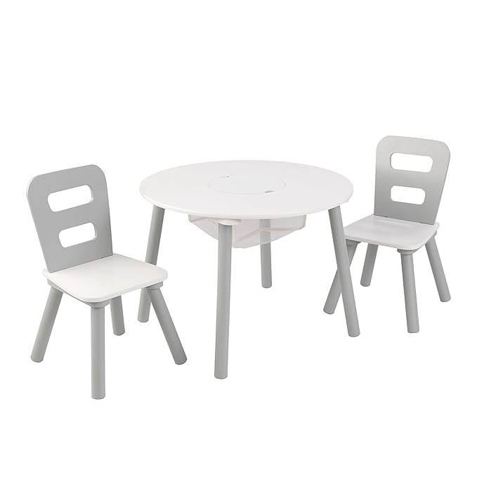 KidKraft 26166 Runder Tisch mit Stauraum und 2 Stühlen aus Holz für Kinder in grau & weiß - Kinderzimmer Möbel