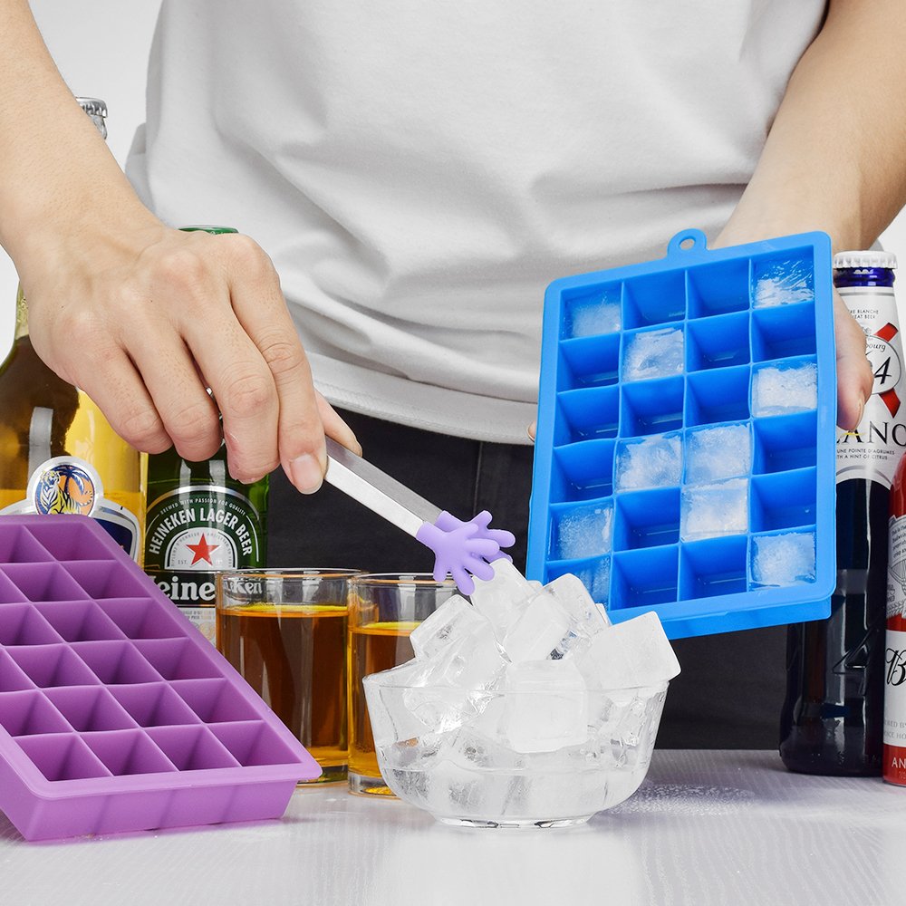 Silicone Ice Cube Trays , Set of 2, 24 Cubes Each,With a Mini Tongs (Purple & Blue)