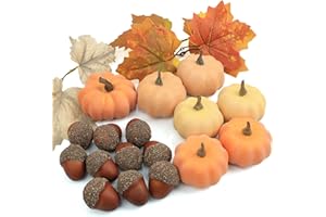 Artgar Fall Decor - 25 PCS Mini Pumpkin Set With Acorns, Maple Leaves for Harvest, Halloween, Thanksgiving - Fake Foam Pumpkins for DIY Crafts, Home Tray, Tabletop Centerpiece
