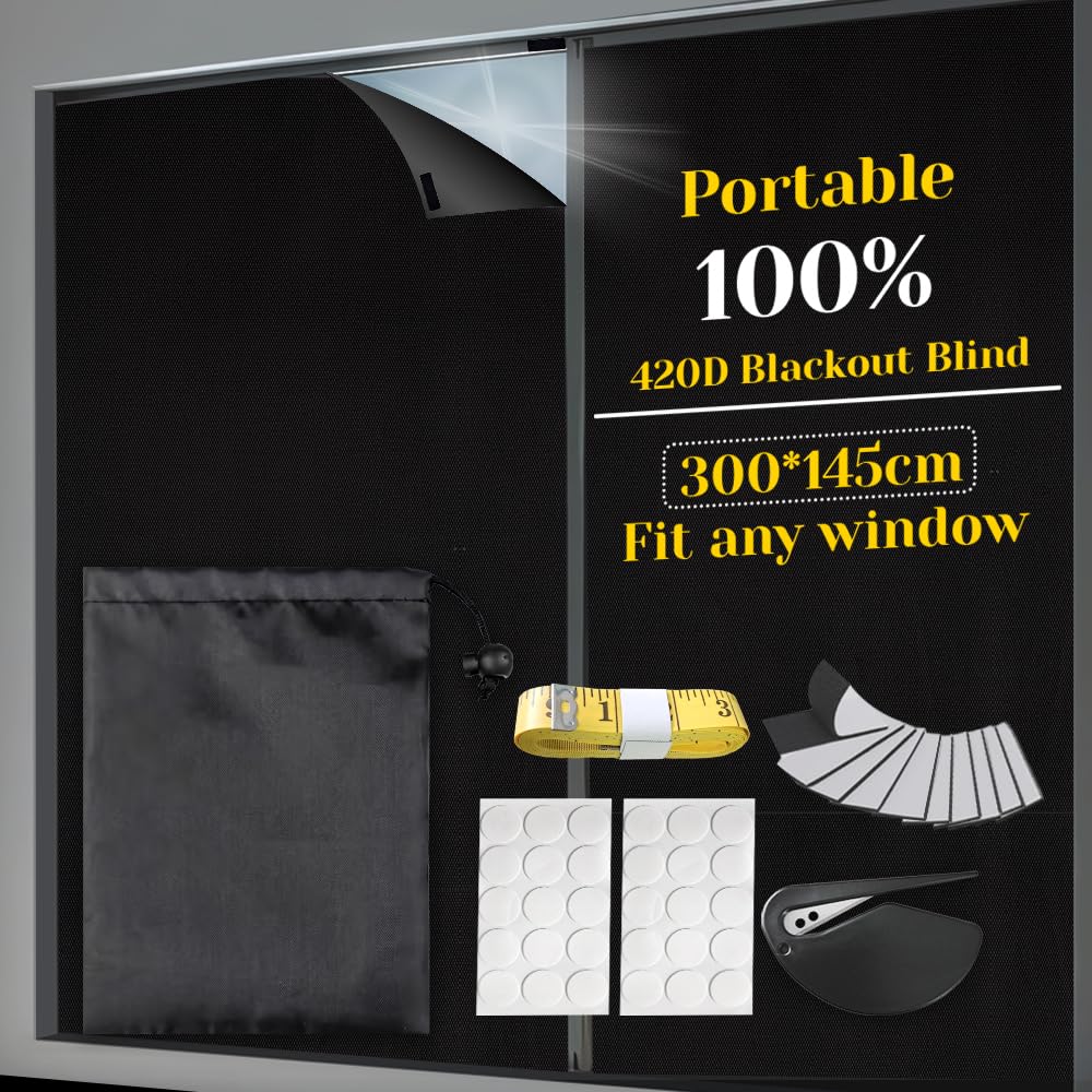 Blackout Blind, Blackout Blinds Stick on, Blackout Blinds, Large 100% Blackout Material, No Drill Blinds Black Out Portable Blackout Blind Cut to Any Size (Black PU, 145 * 300CM)