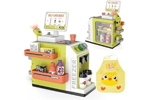 JoyGrow 47PCS Cash Register Playset for Kids Pretend Play Mini Supermarket Cashier Grocery Store with Money, Scanner, Coffee Machine,Credit Card and Play Foods, Gift for Kids Boys and Girls (Green)