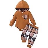 Gademacue Baby Boy Clothes Long Sleeve Hoodie Romper and Plaid Pants Set Fall Winter Baby Boy Outfit 0–18 Months