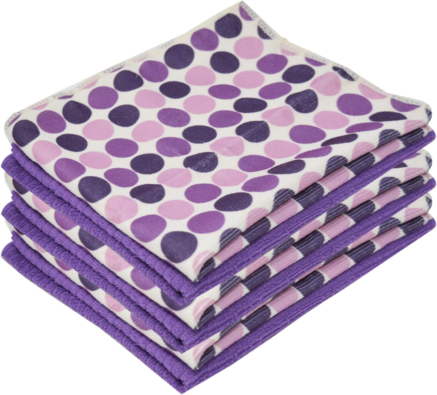 Xelay Microfibre Kitchen Tea Towels Super Absorbent and Thick Dish Towels Multipurpose Drying, Cleaning Cloth 40x47cm (Purple Polka Dot, Pack of 4)