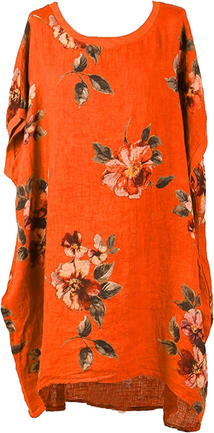 New Ladies Italian Floral Linen Baggy Top Women Summer Lagenlook Top Plus Sizes
