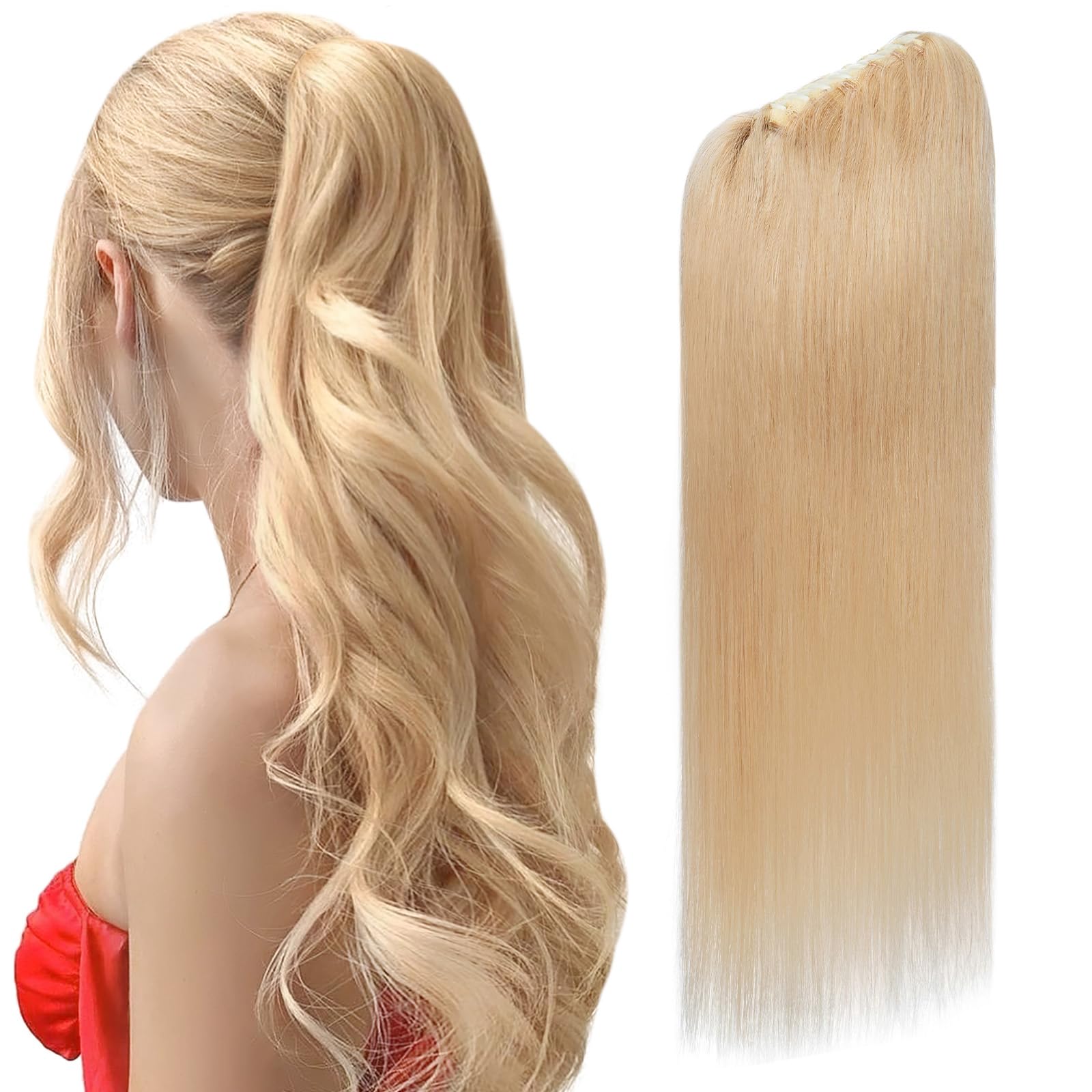 SEGOHAIR Claw Clip Ponytail Hair Extensions Human Hair, 14 Inch Ponytail Extension Natural Real Hair Straight Remy Hair Picecs-Golden Blonde(115g) — image 1