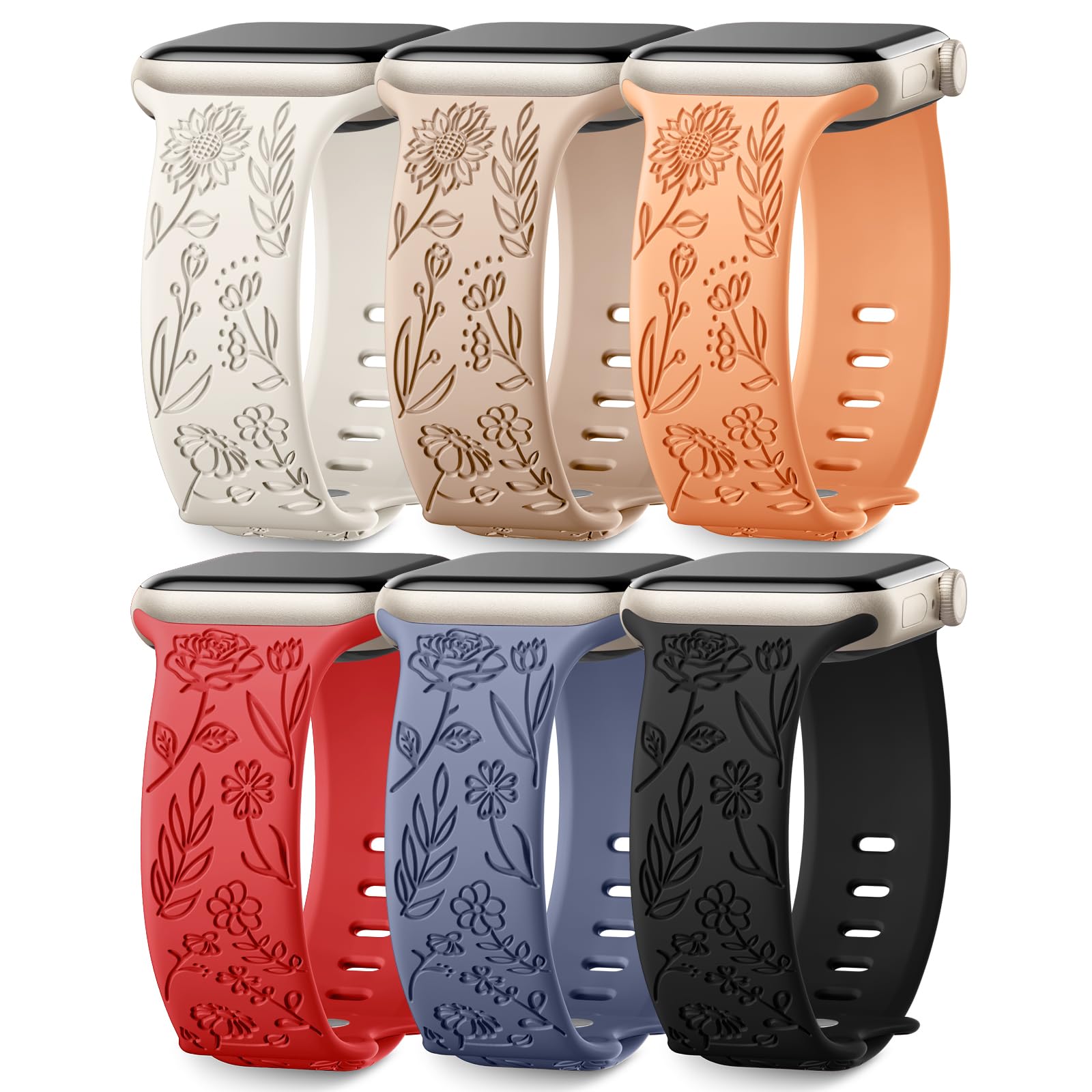 Photo 1 of 6 Pack Floral Engraved Bands Compatible with Apple Watch Band 40mm 44mm 38mm 41mm 45mm 49mm 42mm Women, Soft Silicone Cute Flower Sport Strap for iWatch Bands Series 9 8 7 6 5 4 3 2 1 SE Ultra Ultra 2
