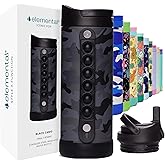 Elemental Iconic Kids Water Bottle with Straw Lid & Stress Relief Pop It Handle, Leak-Proof When Closed, Triple Insulated Kids Stainless Steel Water Bottle For Girls and Boys, 14oz - Black Camo