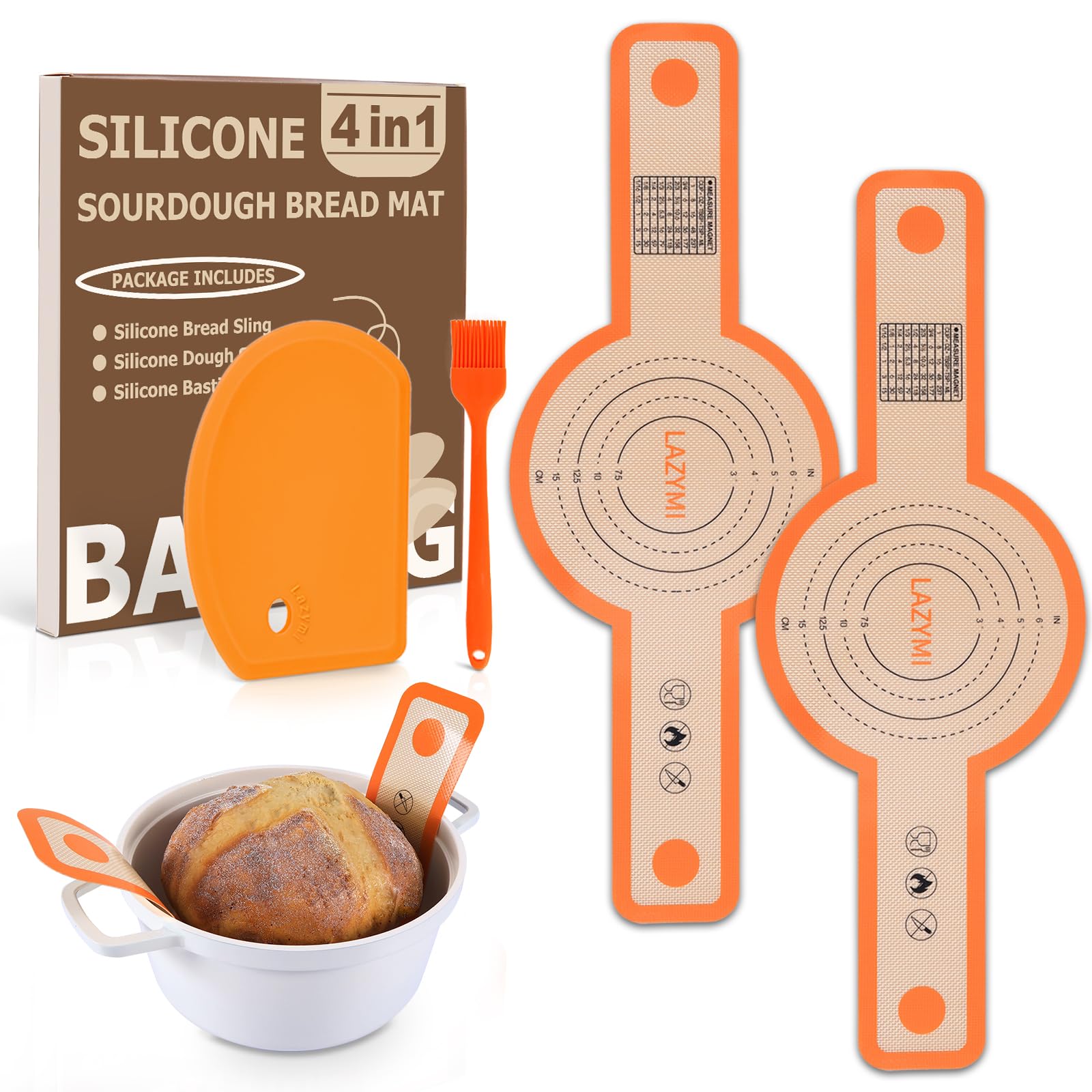 Lazymi 2PCS Silicone Bread Sling for Dutch Oven, Reusable Baking Mat with Long Handle for Transferring Sourdough, Baking Sling with Dough Scraper & Silicone Brush, Orange