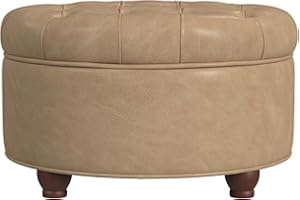 HomePop Home Decor | Button Tufted Faux Leather Round Storage Ottoman | Ottoman with Storage for Living Room & Bedroom (Sand Faux Leather)