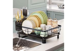Iron Dish Drying Rack with Drainboard Adjustable Spout Drainers for Kitchen Counter Sink Strainers Utensil Holder and Knife S
