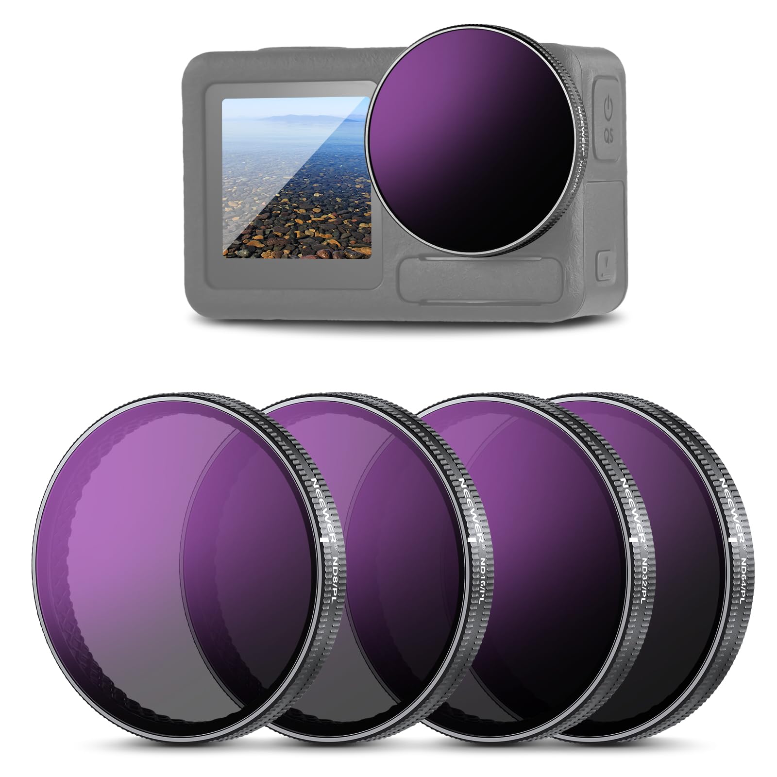 NEEWER ND/PL Filter Set Compatible with DJI Osmo Action 3/4/5 Pro, 4 Pack ND8/PL+ND16/PL+ND32/PL+ND64/PL Neutral Density Polarizing Action Camera Accessories Multicoated HD Optical Glass, FL-A77