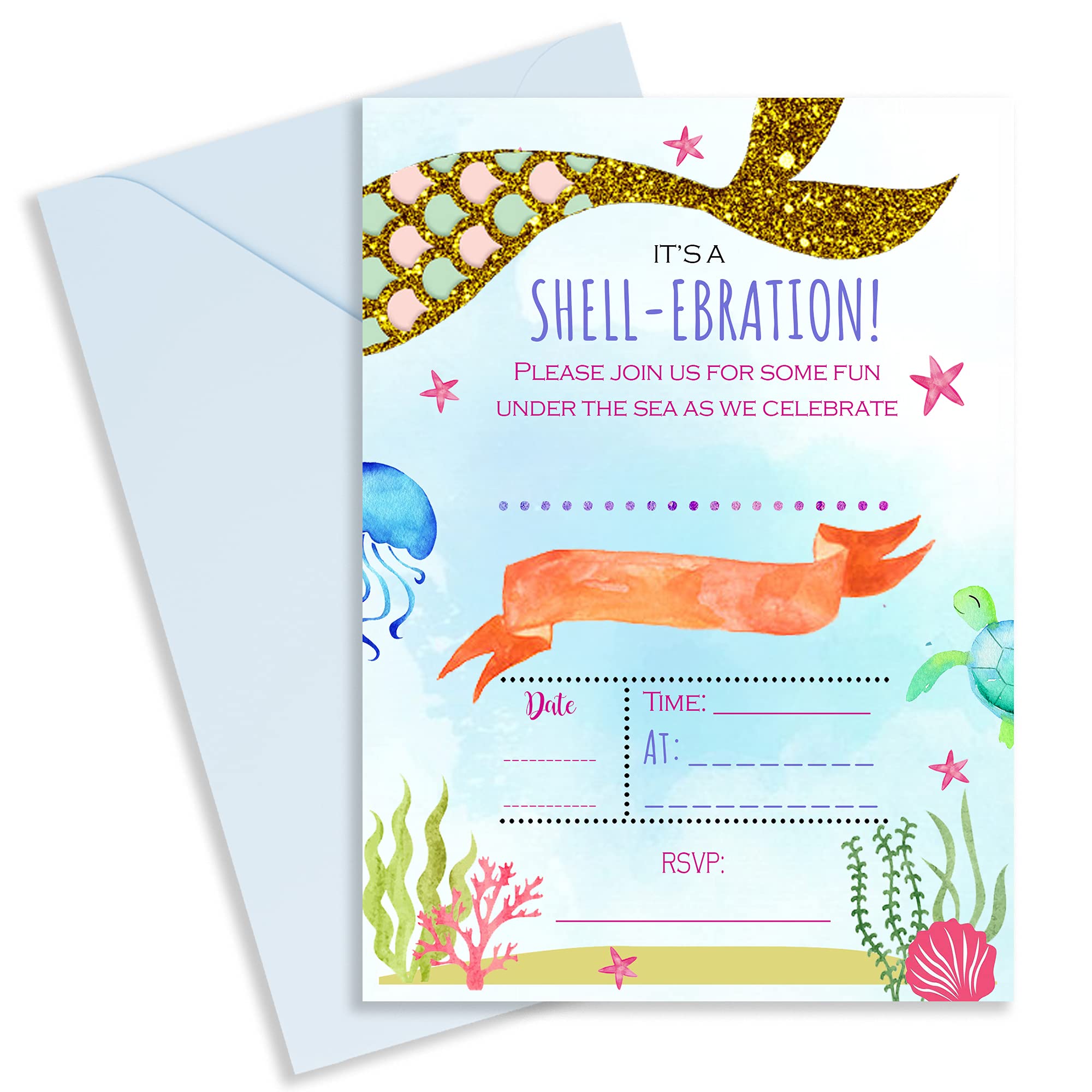 Cute Little Gift Shop Mermaid Birthday Party Invitations for Girls | Under The Sea Kids Invites Pack for Children (40 Pack)