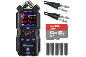 STREAMEYE Zoom H4essential 4-Track 32-Bit Float Portable Audio Recorder with 32GB microSD Card, 25' Instrument Cables and AA Batteries