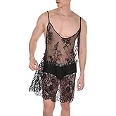ABAFIP Men's Sissy Lace Lingerie Floral Mesh See Through Nightwear Sheer Mini Dress Crossdress Sleepwear