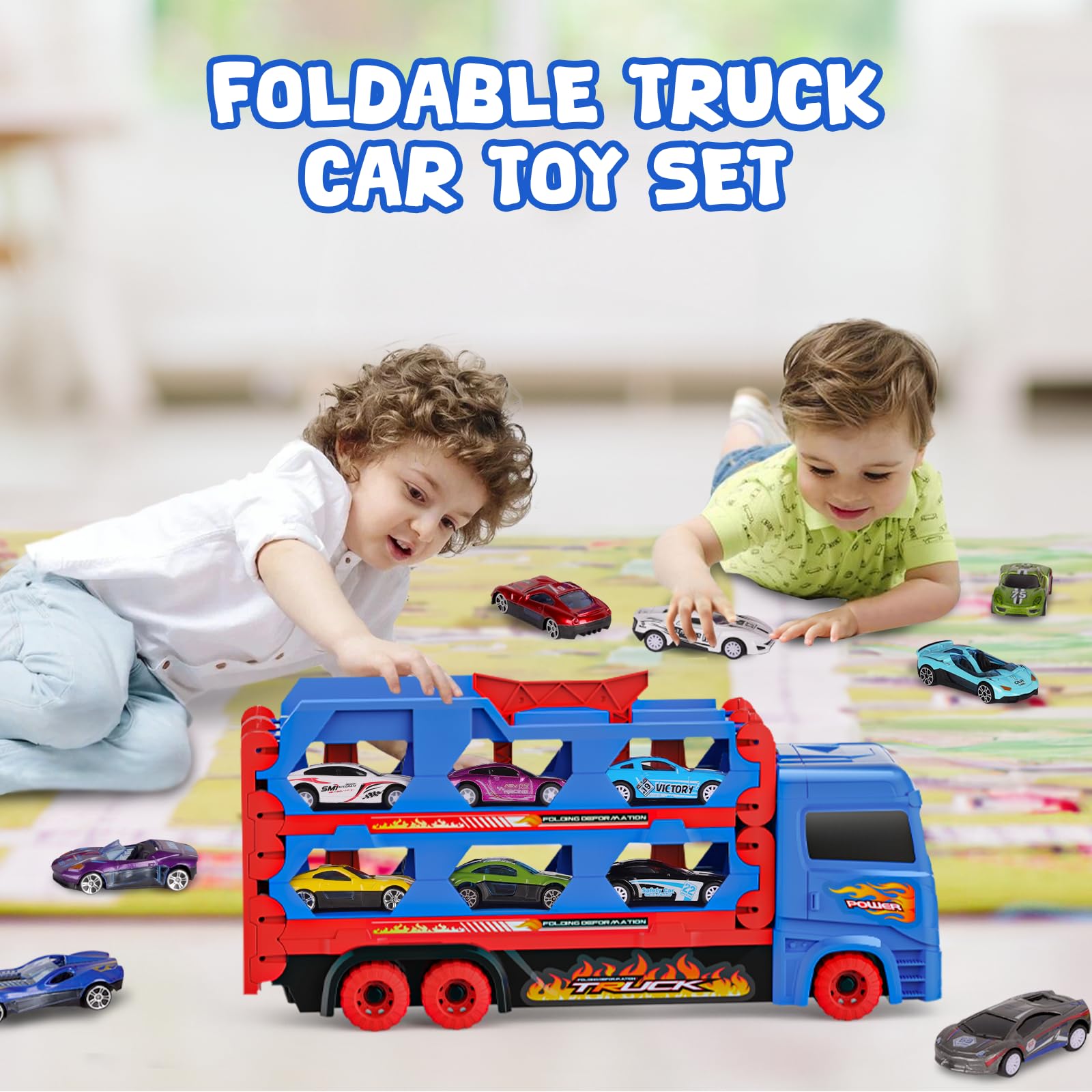 maysida Transport Truck Spielzeugautos für Jungen 3, 4, 5, 6 Jahren, 165cm&Faltbare Rennbahn Truck mit 10 Autos Spielzeug-4 Rückziehautos&6 Rennautos, Transporter Spielzeug-Kinder Geschenke für jungen 7