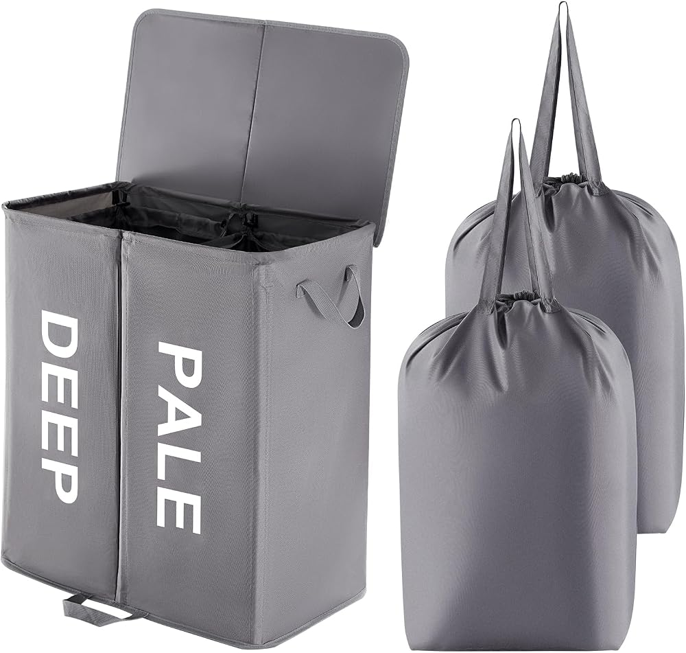 Lifewit 136L Double Laundry Basket with Lids 2 Compartments Grey