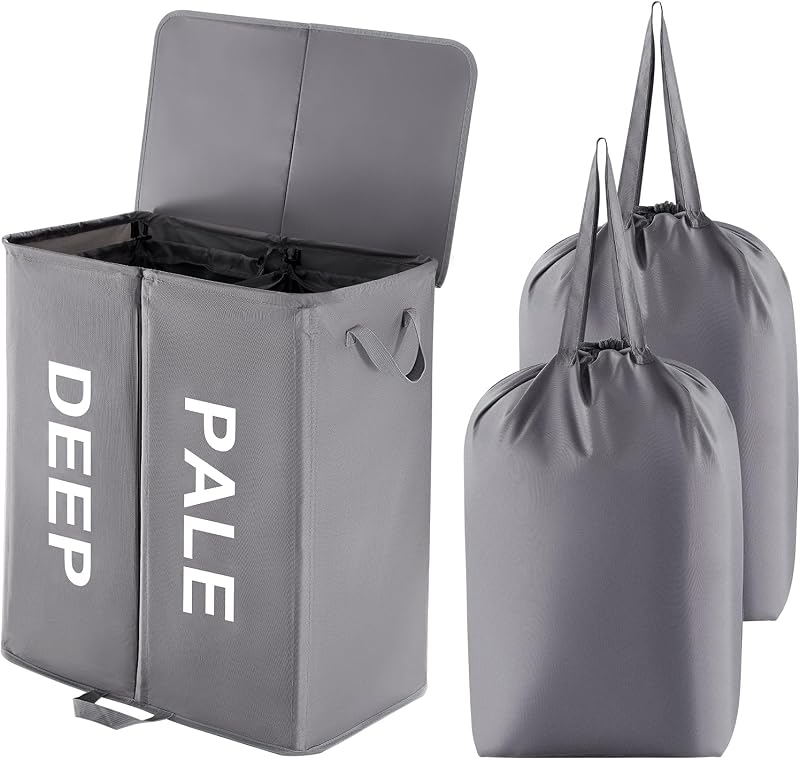 Lifewit 136L Double Laundry Basket with Lids 2 Compartments Grey