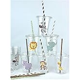 Safari Animal Plastic Party Cups with Lids and Straws, Birthday Drinkware, Jungle Baby Shower Tableware, Set of 12