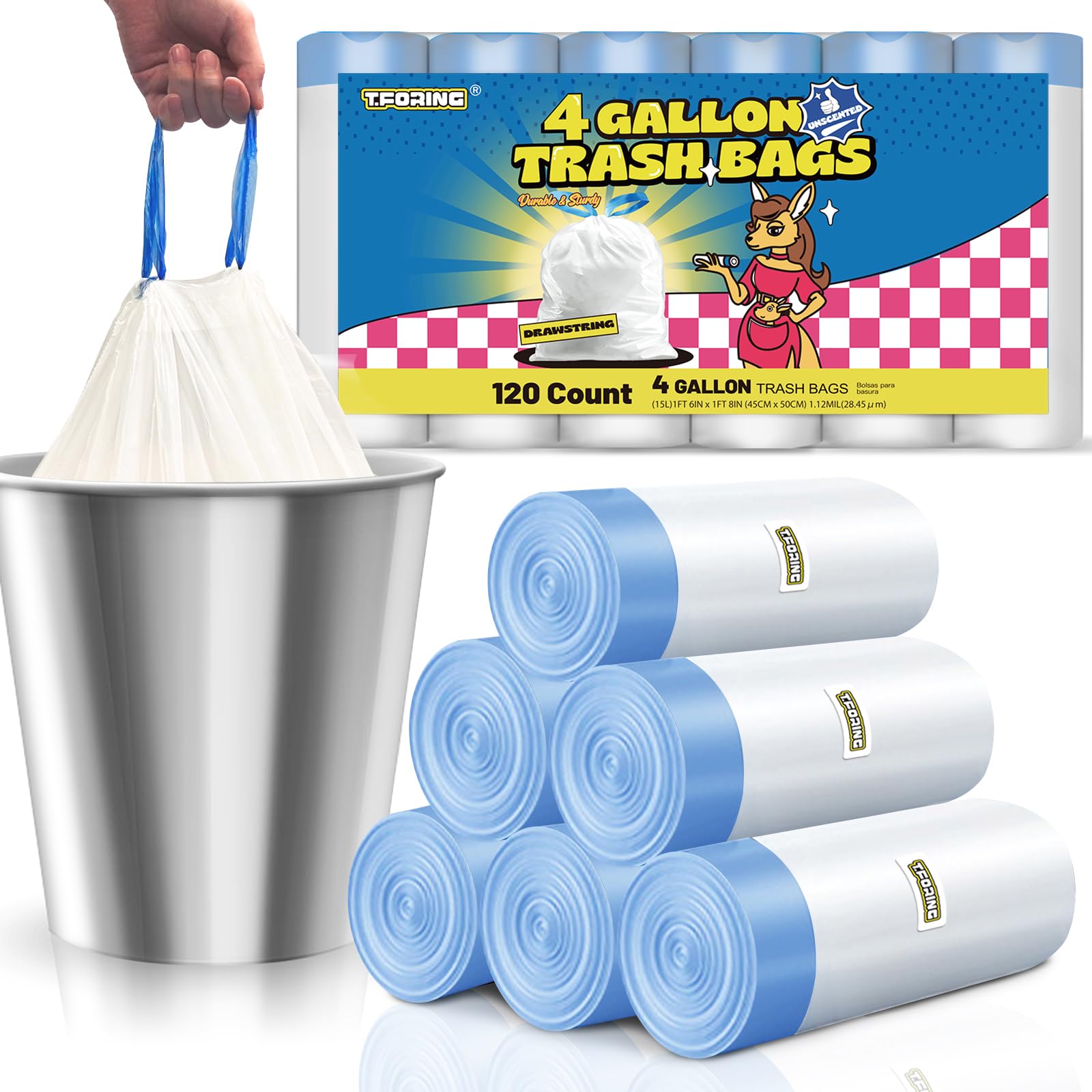 Photo 1 of T.FORING Small Trash Bags 4 Gallon with Drawstring, 1.1 Mil 15 Liter White Thick Unscented Small Plastic Garbage Bags for Bathroom, Wastebasket Liners for Toilet Home Office and Bedroom (4 Gal-120)