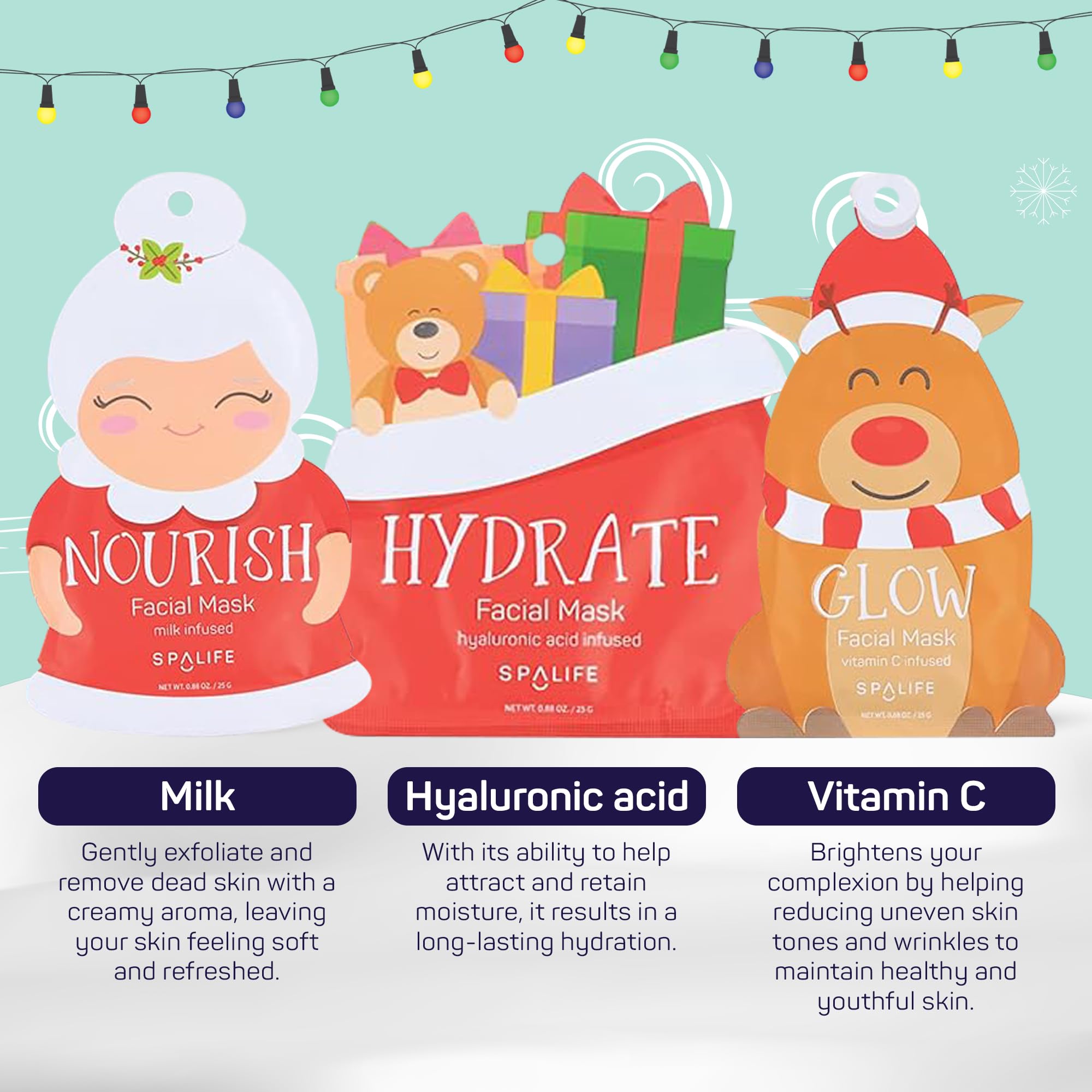 SpaLife Santa's Squad Hydrating Facial Masks - 12 Pack for Moisturizing and Soothing Beauty - Skincare Set for Radiant Skin