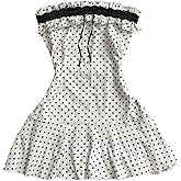 WDIRARA Women's Polka Dots Strapless Ruffle Mini Dress Lace Sleeveless Tube Dresses