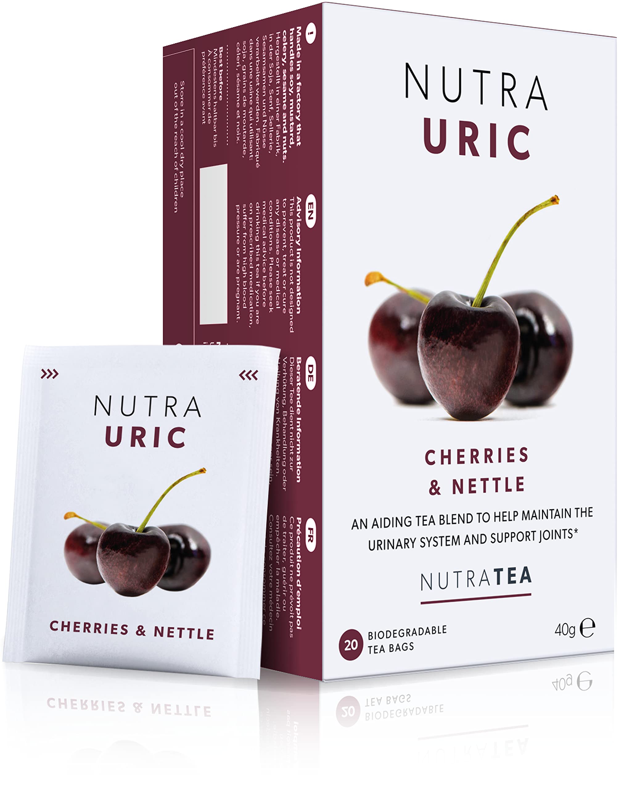 Nutra Tea NUTRAURIC - Uric Acid Tea | Kidney Support Tea & Uric Acid Cleanse - Containing Natural Cherry, Nettle & Turmeric - 40 Individually Wrapped Bags - Herbal Infusion (2 Pack)