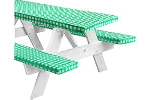 LINPRO 6ft Vinyl Fitted Picnic Table Cover with Bench Covers. Outdoor Checkered Picnic Tablecloth for Camper and RV Accessories. 3 Piece Set Camping Essentials. Waterproof, with Elastic Edges. 72"