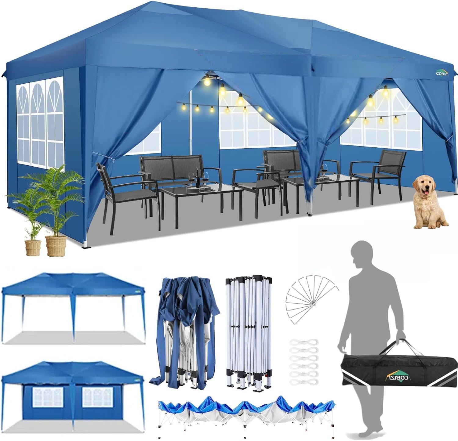 Photo 1 of COBIZI Canopy 10x20 Pop Up Canopy with 6 Sidewalls,Waterproof Canopy Outdoor Event Shelter UPF 50+ Gazebo Tents for Parties Beach Camping Wedding Commercial Instant Easy up Canopy 10x20,Blue