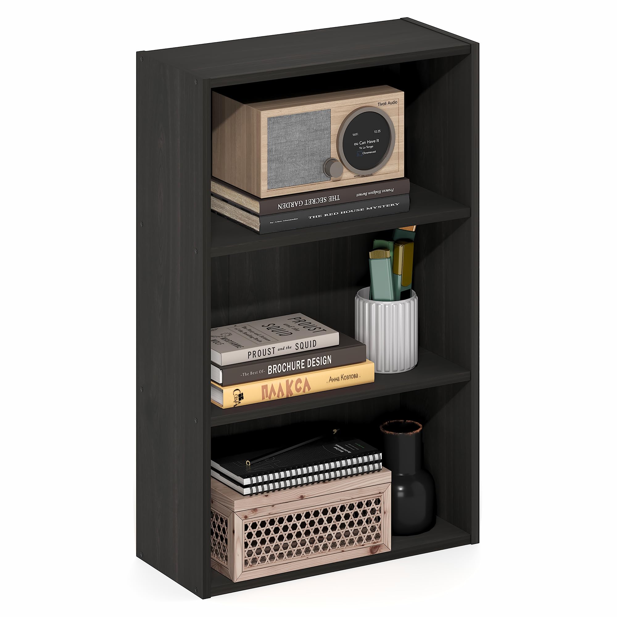 Photo 1 of **MISSING HARDWARE**Furinno Basic Book Shelf, 3-Tier Bookshelf, Cube Storage Organizer Bookcase with Open Shelf, 7 x 17 x 26, for Living Room, Bedroom, Home Office, Espresso