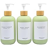 Gails Willing Shampoo and Conditioner Bottles, Refillable Shampoo Bottles with 6 Waterproof Labels, Apothecary Dispenser for Shampoo Lotion Oil Shower Soap Hand Soap and Dish Soap (Matcha Green)