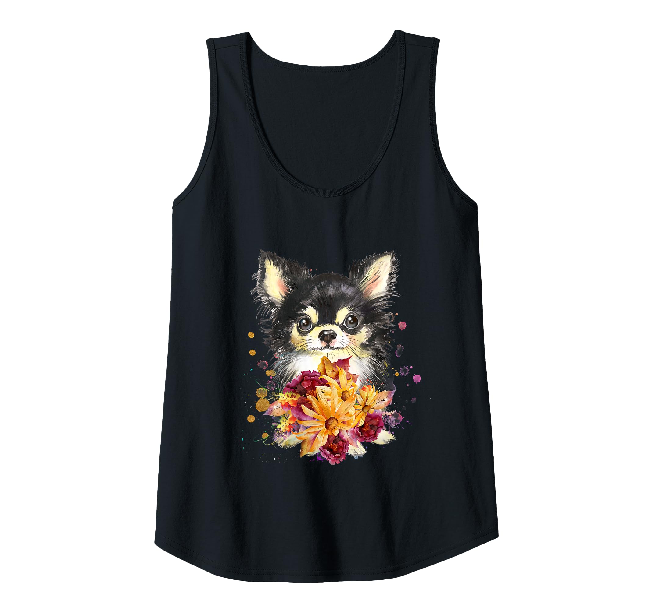 Womens Cute Chihuahua Puppy, Flowers, and Splatter Dog Tank Top