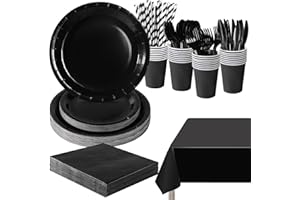 PYAILI 193 Pcs Black Party Tableware Set, Paper Plates Cups Napkins Tablecloth, Dinnerware Set for Kids Adult Birthday,Weddin