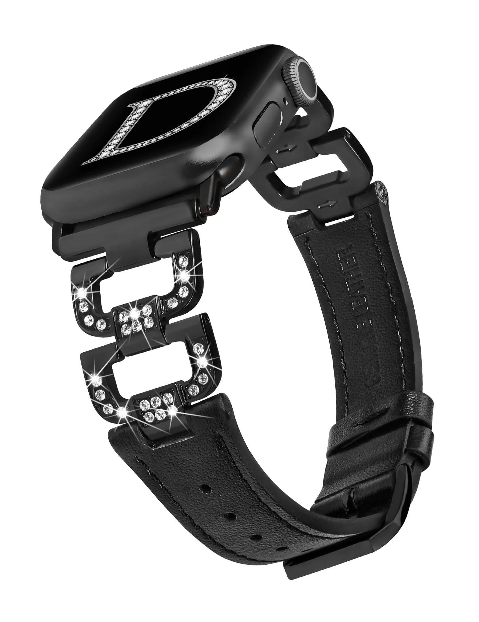 Wearlizer Leather Strap Compatible with Apple Watch Straps 41/40/38/42mm Women, Dressy Fancy Bling D-Shape Diamond Leather Strap for iWatch Series 11/10/9/8/7/6/5/4/3/2/1/SE, Black/Black M