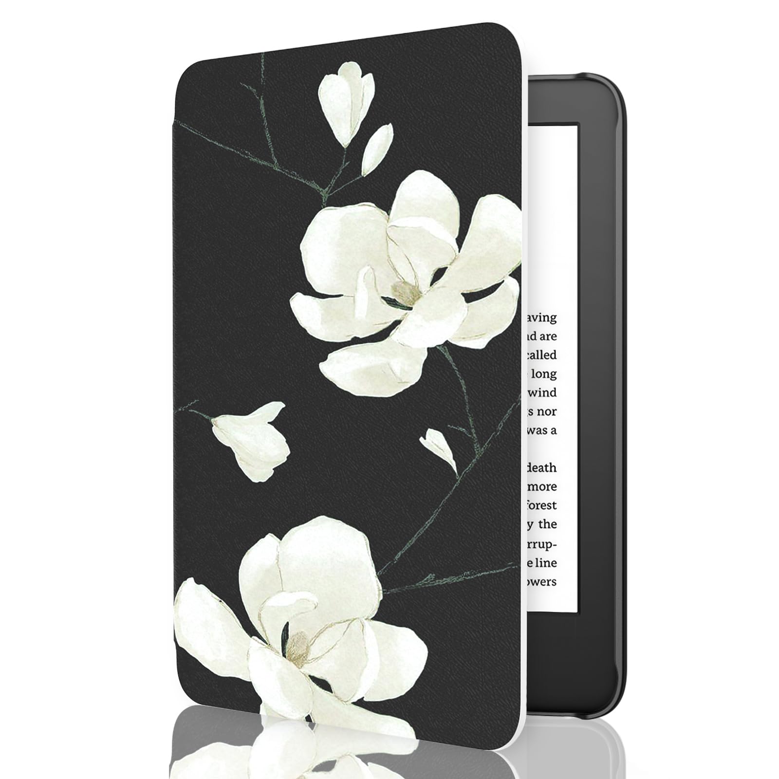MoKo Case for 6" ALL-New Kindle (11th Generation-2024/2022 Release), Light Shell Cover with Auto Wake/Sleep for Kindle 11 2024/2022 E-Reader, Black & White Magnolia — image 1