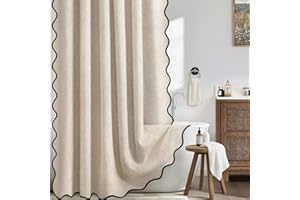 XOGUIBO Linen Shower Curtain Beige Cute Black Scalloped Boho Modern Shower Curtains for Bathroom Set, 72" W x 72" L