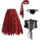 NICEYST Womens 4 Pcs Pirate Costume Accessories Set Striped Skirt Headband Eye Patch Corset Belt Halloween Cosplay Costume