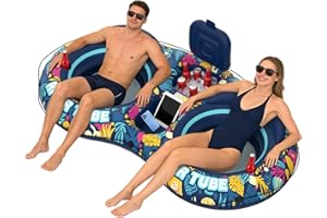 POVRYE 2 Person River Tubes, Inflatable 5-in-1 Heavy Duty Pool Floats Adult, River Raft with Backrests, Built-in Cooler, 2 Cu