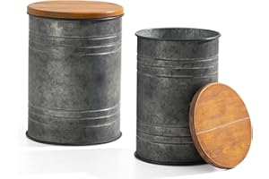 glitzhome Rustic End Table Set of 2, Farmhouse Galvanized Metal Barrel Ottoman Storage Stool with Round Wood Lid for Living Room Furniture, Grey