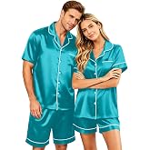 SamLng Couple Matching Pajamas Sets Silk Short Sleeve Button Down Sleepwear Satin Pjs Shorts Set Soft Loungewear