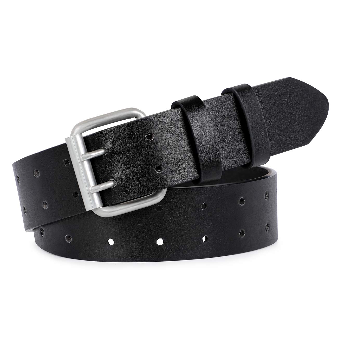 Double Prong Leather Belt Heavy Duty Belt for men, Double Grommet Holes Belt for Pants, Black, Suit for Pant Size Up to 34\